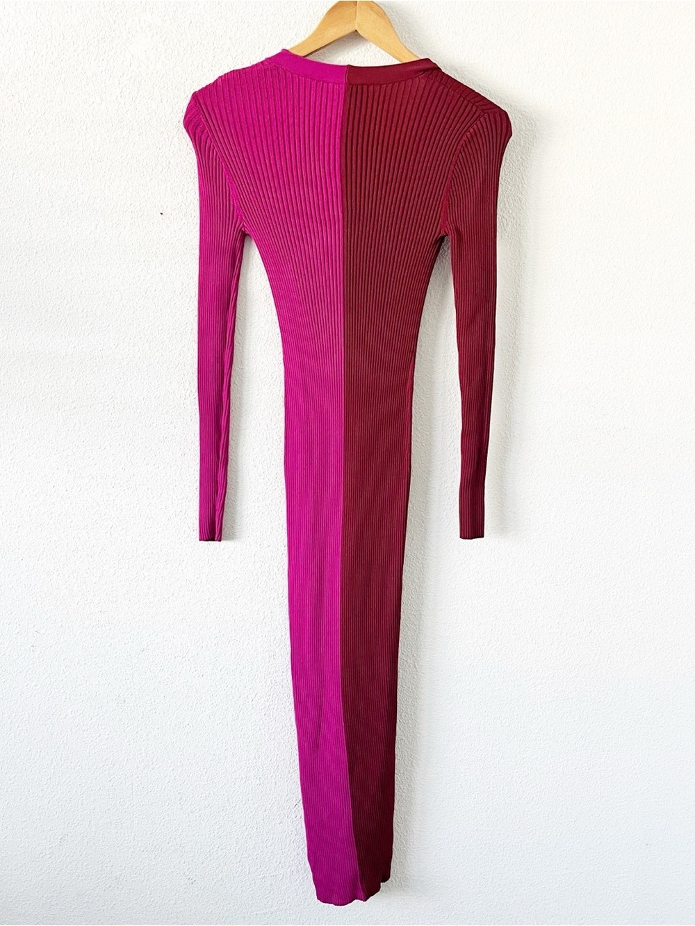 STAUD Shoko Colorblock Rib Knit Fuchsia Bordeaux Button Down Midi Cardigan Dress - Picture 8 of 9